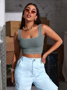 SHEIN Unity Áo hai dây Gân đan màu trơn Giải trí - Xám - Xem 1