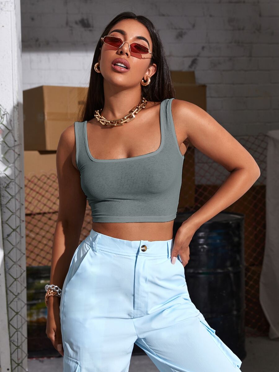 SHEIN Unity Áo hai dây Gân đan màu trơn Giải trí - Xám - Xem 1