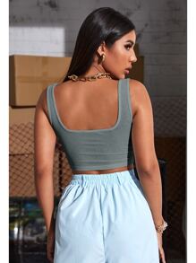 SHEIN Unity Áo hai dây Gân đan màu trơn Giải trí - Xám - Xem 2