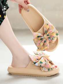 Ditsy Floral Print Bow Decor Slides - Khaki - View 1