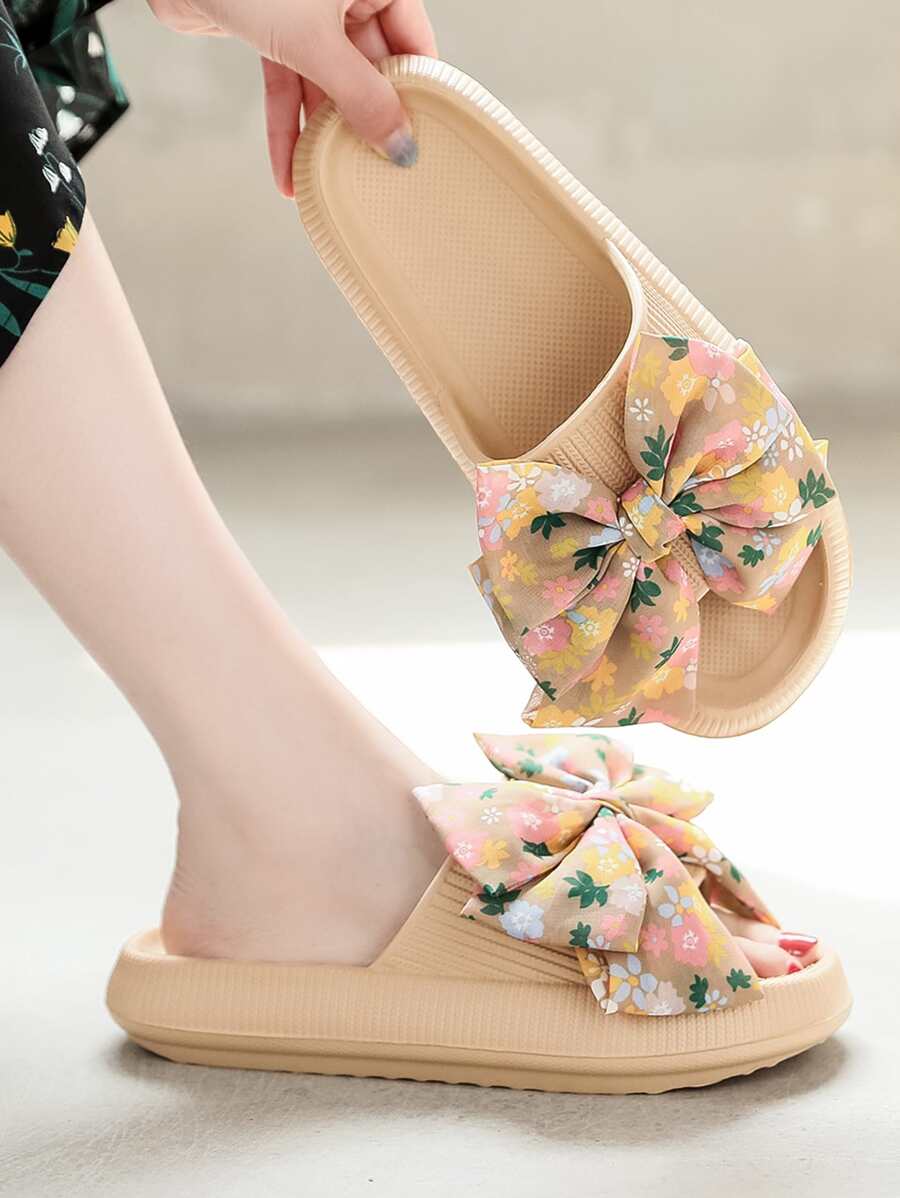 Ditsy Floral Print Bow Decor Slides - Khaki - View 1