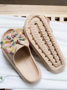 Ditsy Floral Print Bow Decor Slides - Khaki - View 2