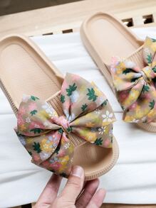 Ditsy Floral Print Bow Decor Slides - Khaki - View 4