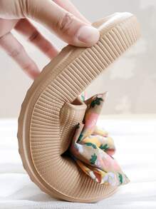Ditsy Floral Print Bow Decor Slides - Khaki - View 6