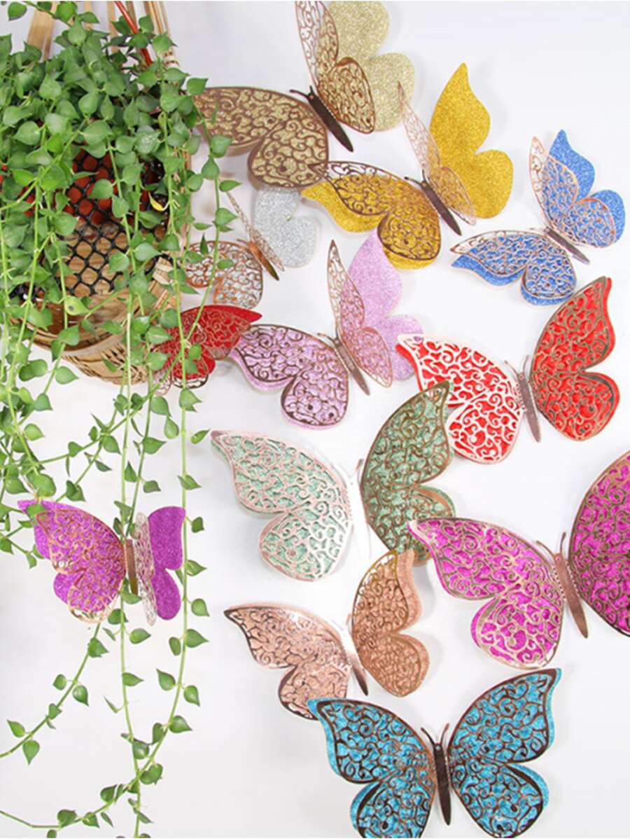 12pcs Hollow Out Design Butterfly Sticker - Multicolor - View 1