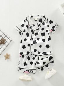 Young Girl Cow Print Contrast Binding Satin PJ Set
