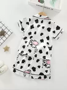 Young Girl Cow Print Contrast Binding Satin PJ Set