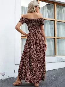 SHEIN LUNE Women Dresses Split Thigh Shirred bunga ditsy Boho - Coffee Brown - View 2