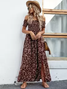 SHEIN LUNE Women Dresses Split Thigh Shirred bunga ditsy Boho - Coffee Brown - View 4