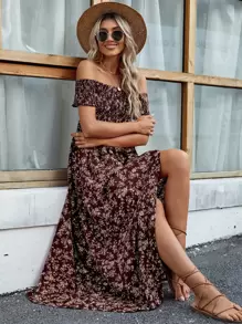 SHEIN LUNE Women Dresses Split Thigh Shirred bunga ditsy Boho - Coffee Brown - View 5