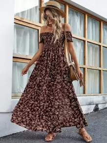 SHEIN LUNE Women Dresses Split Thigh Shirred bunga ditsy Boho - Coffee Brown - View 6