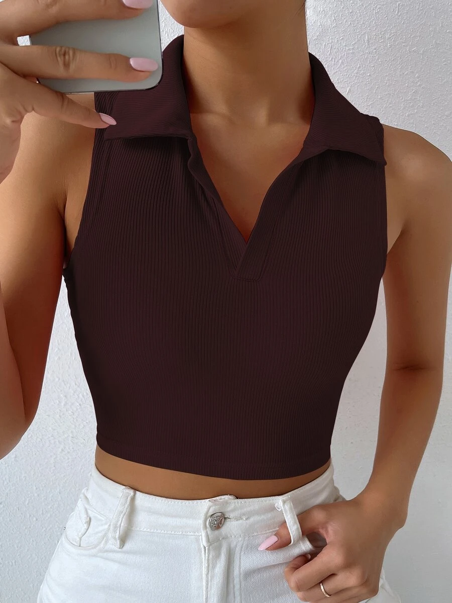 Solid Ribbed Knit Tank Top - Rust Brown - View 1