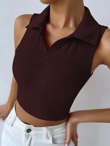 Solid Ribbed Knit Tank Top - Rust Brown - View 6
