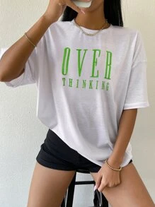 SHEIN Unity Drop Shoulder Letter Embroidery Top - White - View 3