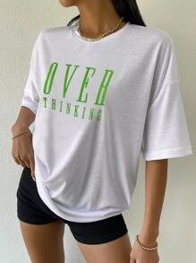 SHEIN Unity Drop Shoulder Letter Embroidery Top - White - View 4