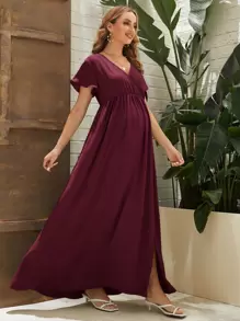 SHEIN Maternity Surplice Neck Split Hem Dress - Burgundy - View 1