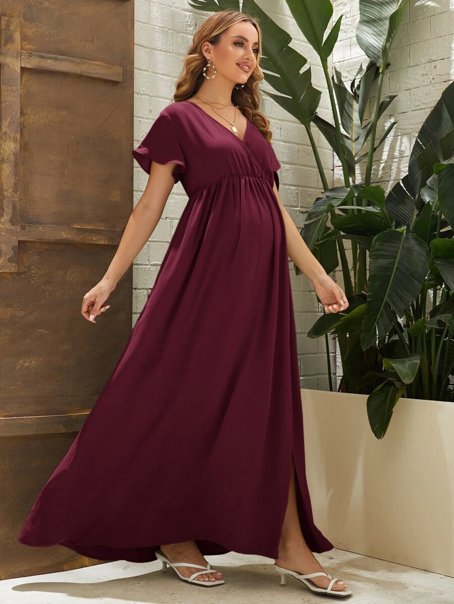 SHEIN Maternity Surplice Neck Split Hem Dress - Burgundy - View 1