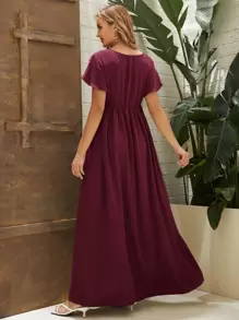 SHEIN Maternity Surplice Neck Split Hem Dress - Burgundy - View 2