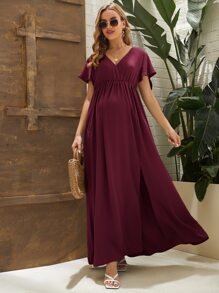 SHEIN Maternity Surplice Neck Split Hem Dress - Burgundy - View 5