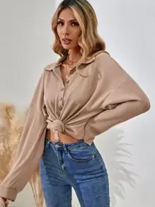 SHEIN LUNE Half Button Drop Shoulder Tee Fall Cloth For Women - Khaki - View 5