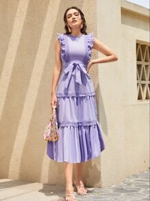 Mulvari Ruffle Trim Guipure Lace Panel Belted Dress - Lilac Purple - View 1