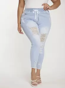 SHEIN Essnce Hơn Eo dây rút Rách Cắt Thô Quần jean ôm - Rửa nhẹ - Xem 1