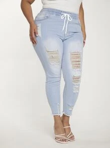 SHEIN Essnce Hơn Eo dây rút Rách Cắt Thô Quần jean ôm - Rửa nhẹ - Xem 4