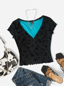 SHEIN ICON 印花前蝴蝶結木耳邊短款網紗T恤 - 薄荷藍 - 查看 1