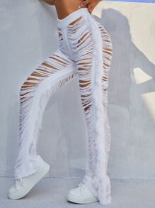 SHEIN SXY Quần len nữ mép Bị tách màu trơn Gợi cảm - trắng - Xem 1