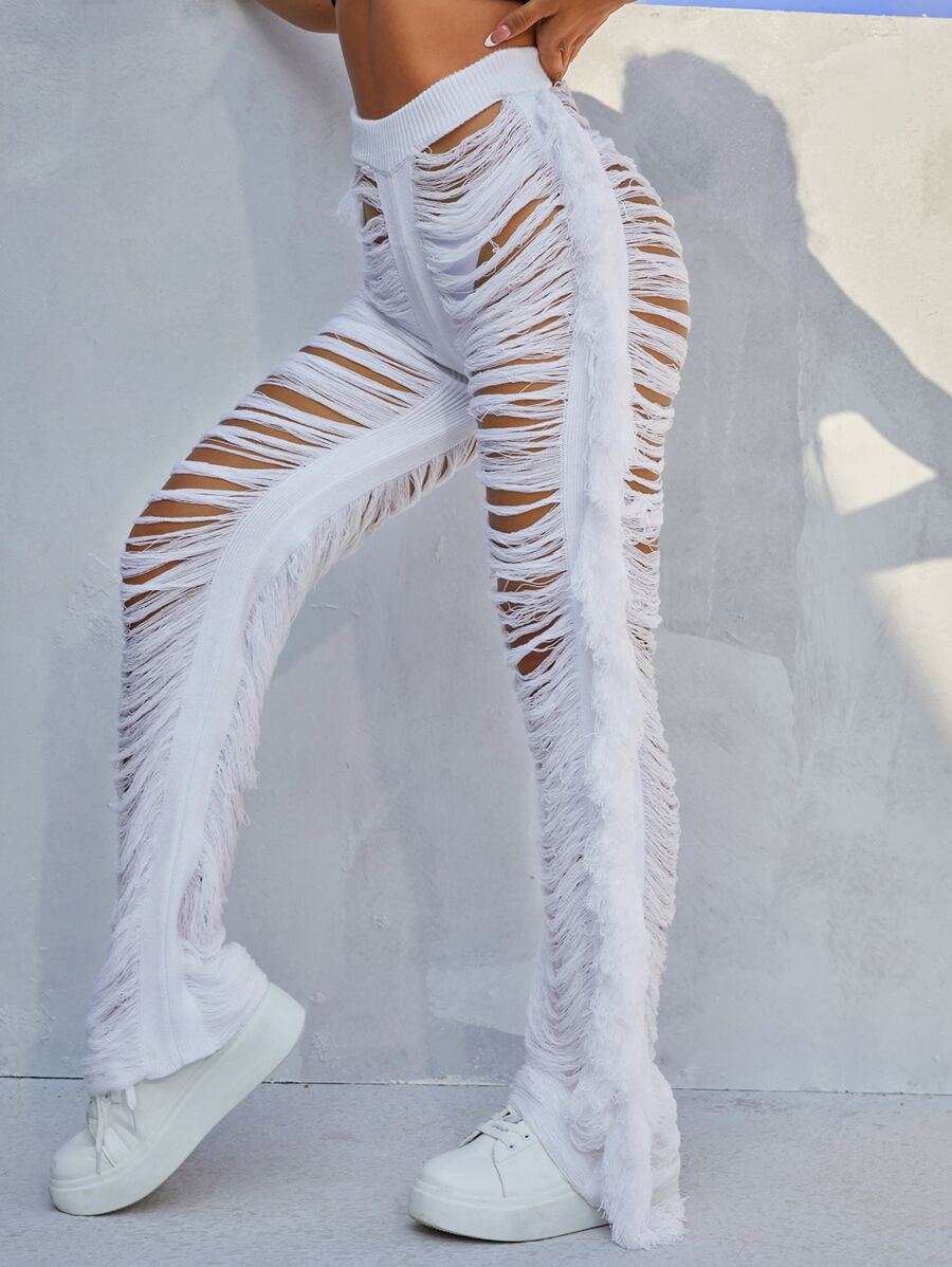 SHEIN SXY Quần len nữ mép Bị tách màu trơn Gợi cảm - trắng - Xem 1