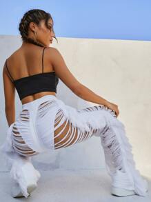 SHEIN SXY Quần len nữ mép Bị tách màu trơn Gợi cảm - trắng - Xem 2