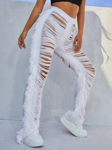 SHEIN SXY Quần len nữ mép Bị tách màu trơn Gợi cảm - trắng - Xem 4