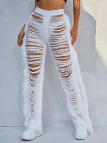 SHEIN SXY Quần len nữ mép Bị tách màu trơn Gợi cảm - trắng - Xem 5