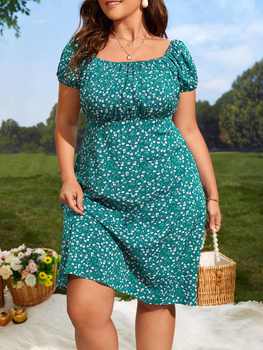 SHEIN VCAY Đầm Plus Size Xù Họa tiết hoa Boho - Màu xanh ngọc - Xem 1