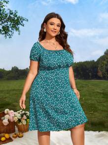 SHEIN VCAY Đầm Plus Size Xù Họa tiết hoa Boho - Màu xanh ngọc - Xem 4