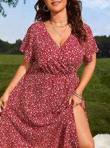 SHEIN VCAY Plus Ditsy Floral Split Thigh Dress - Burgundy - View 3