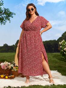 SHEIN VCAY Plus Ditsy Floral Split Thigh Dress - Burgundy - View 4