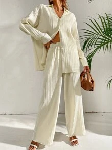 SHEIN Essnce Camisa de hombros caídos plisado & Pantalones de pierna ancha - Beis - Ver 1