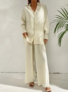 SHEIN Essnce Camisa de hombros caídos plisado & Pantalones de pierna ancha - Beis - Ver 7
