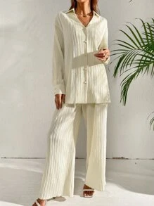 SHEIN Essnce Camisa de hombros caídos plisado & Pantalones de pierna ancha - Beis - Ver 4