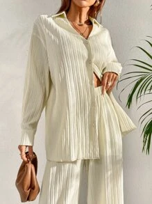 SHEIN Essnce Camisa de hombros caídos plisado & Pantalones de pierna ancha - Beis - Ver 8