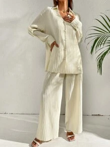 SHEIN Essnce Camisa de hombros caídos plisado & Pantalones de pierna ancha - Beis - Ver 5