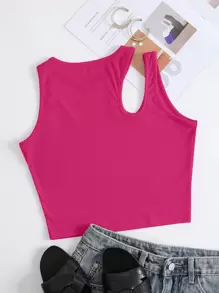 INAWLY Top De Tejido De Punto Acanalado Sin Mangas Con Recorte En Los Hombros Para El Verano - Rosa Fucsia - Ver 2