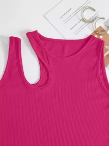 INAWLY Top De Tejido De Punto Acanalado Sin Mangas Con Recorte En Los Hombros Para El Verano - Rosa Fucsia - Ver 4