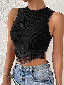 Allurite 流蘇邊條紋針織背心上衣 - 黑色 - 查看 6