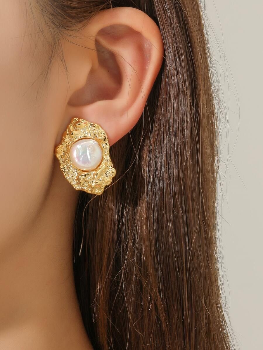 Pendientes de clip con diseño de perla natural - Amarillo Oro - Ver 1