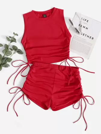 Drawstring Ruched Side Crop Tank Top & Shorts Set