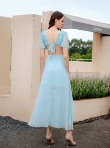 SHEIN Belle Sequin Detail Tie Backless Dress - Baby Blue - View 2