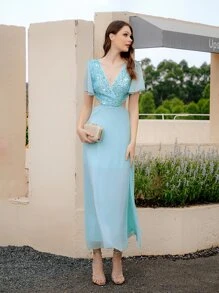 SHEIN Belle Sequin Detail Tie Backless Dress - Baby Blue - View 4