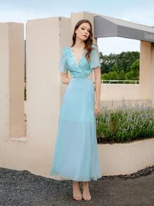 SHEIN Belle Sequin Detail Tie Backless Dress - Baby Blue - View 7